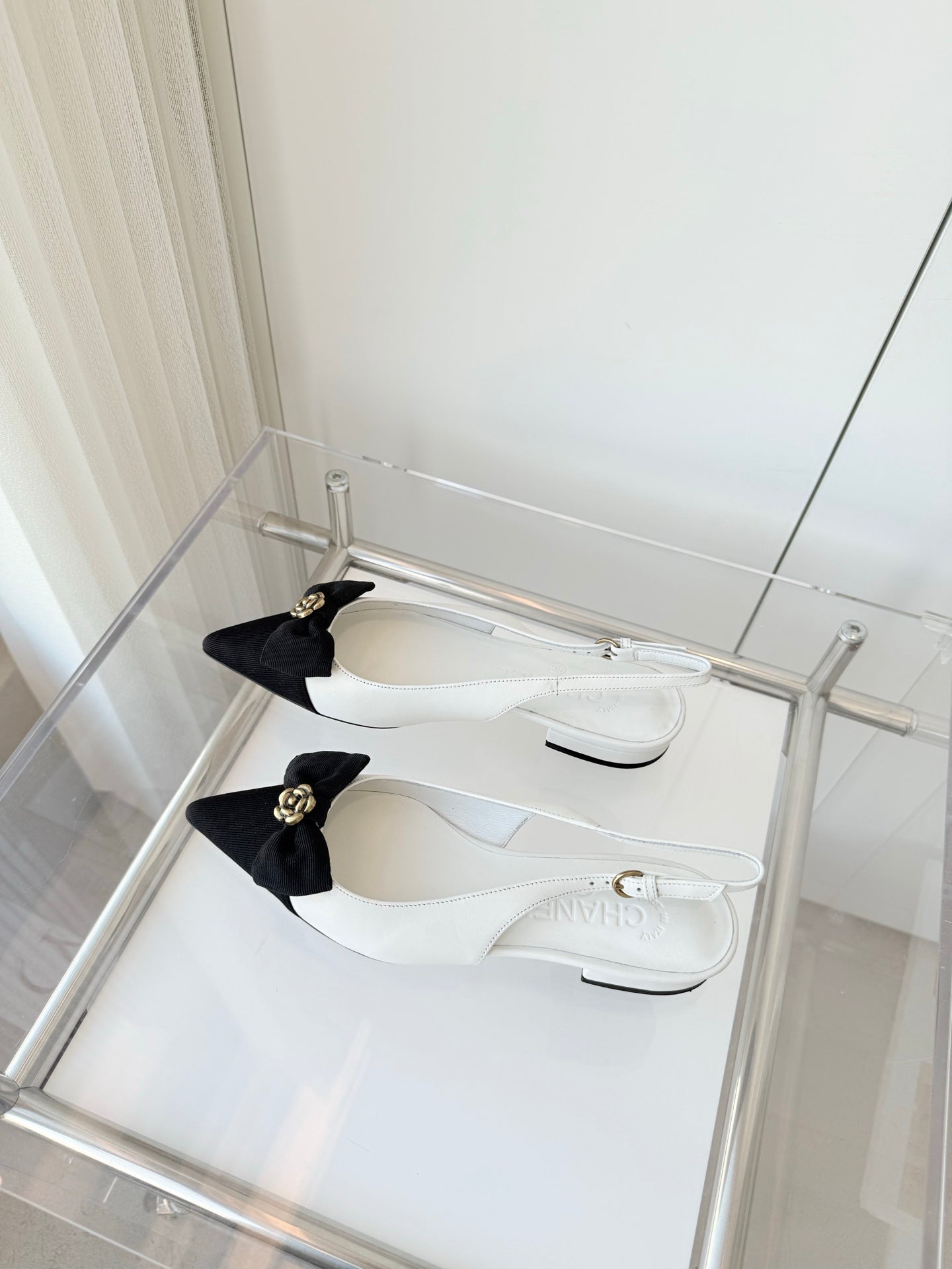 SLINGBACKS 18 MM IN WHITE CALFSKIN MIX BLACK CANVAS