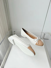 CHANEL 26S BALLET FLATS IN WHITE CALFSKIN WITH BEIGE TOE CAP AND BOW