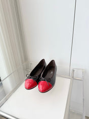 CHANEL 26S BALLET FLATS IN DARK BROWN CALFSKIN WITH RED PATENT TOE CAP & BOW
