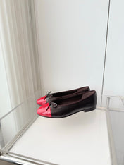 CHANEL 26S BALLET FLATS IN DARK BROWN CALFSKIN WITH RED PATENT TOE CAP & BOW