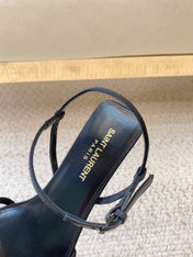 STRAPPY MID HEEL SANDALS IN BLACK SILK