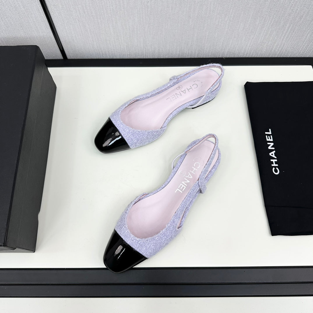 SLINGBACK LIGHT BLUE TWEED AND BLACK CALFSKIN