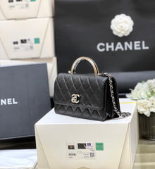 FLAP BAG WITH SILVER-TONE HANDLE 18 IN BLACK LAMBSKIN