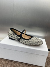 D-RAMOUR BALLET FLATS IN WHITE MIX BLACK EMBROIDERED CANNAGE TWEED