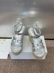 D-CLUB 25S HIGH HEEL WEDGE 100MM IN SILVER GLOSSY CALFSKIN RAFFIA SOLE