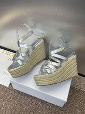 D-CLUB 25S HIGH HEEL WEDGE 100MM IN SILVER GLOSSY CALFSKIN RAFFIA SOLE