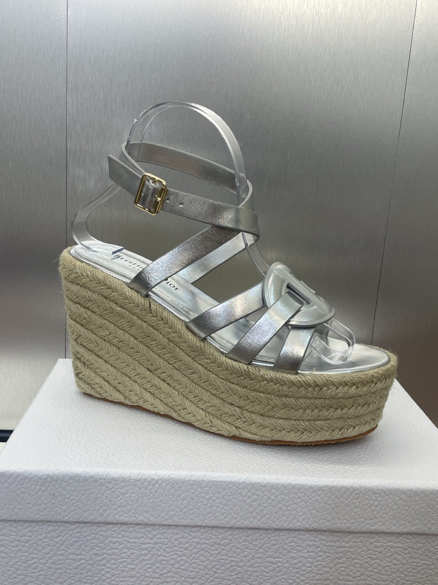 D-CLUB 25S HIGH HEEL WEDGE 100MM IN SILVER GLOSSY CALFSKIN RAFFIA SOLE