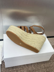 D-CLUB 25S HIGH HEEL WEDGE 100MM IN BROWN CALFSKIN RAFFIA SOLE