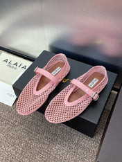 ALAIA MARY JANE FLAT 25S IN LIGHT PINK MESH CALFSKIN