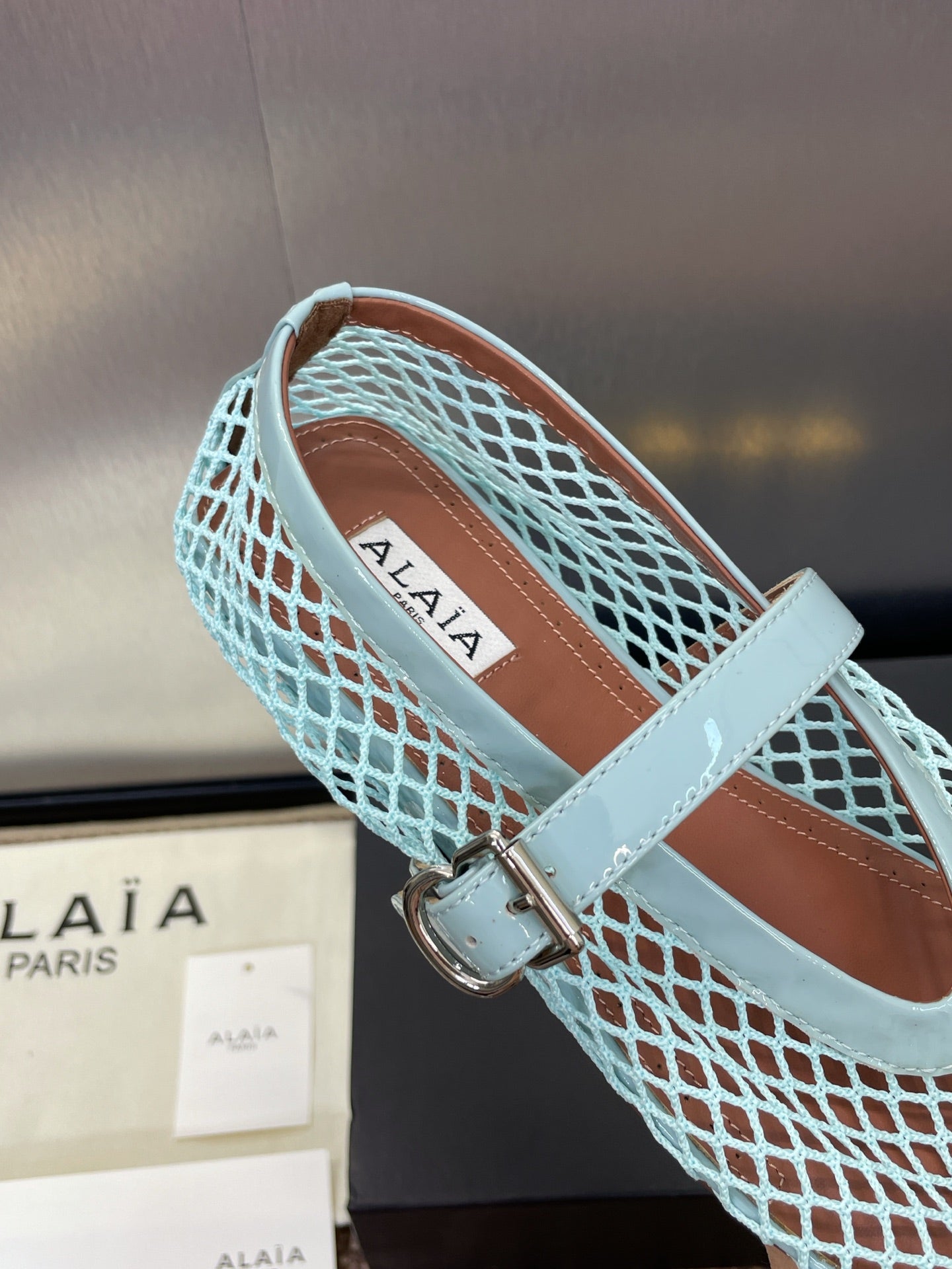 ALAIA MARY JANE FLAT 25S IN PASTEL BLUE MESH CALFSKIN