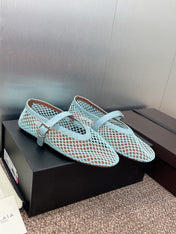 ALAIA MARY JANE FLAT 25S IN PASTEL BLUE MESH CALFSKIN
