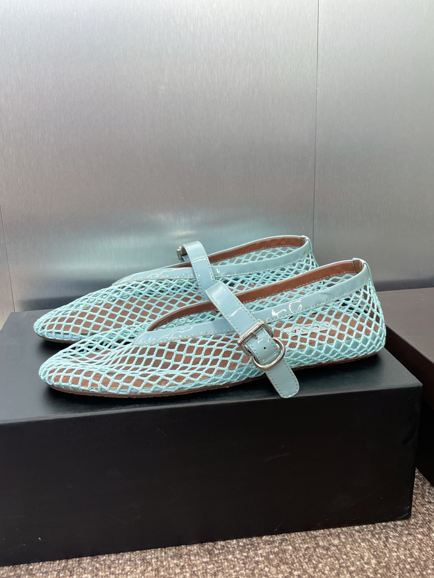 ALAIA MARY JANE FLAT 25S IN PASTEL BLUE MESH CALFSKIN