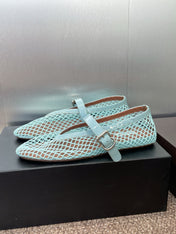 ALAIA MARY JANE FLAT 25S IN PASTEL BLUE MESH CALFSKIN