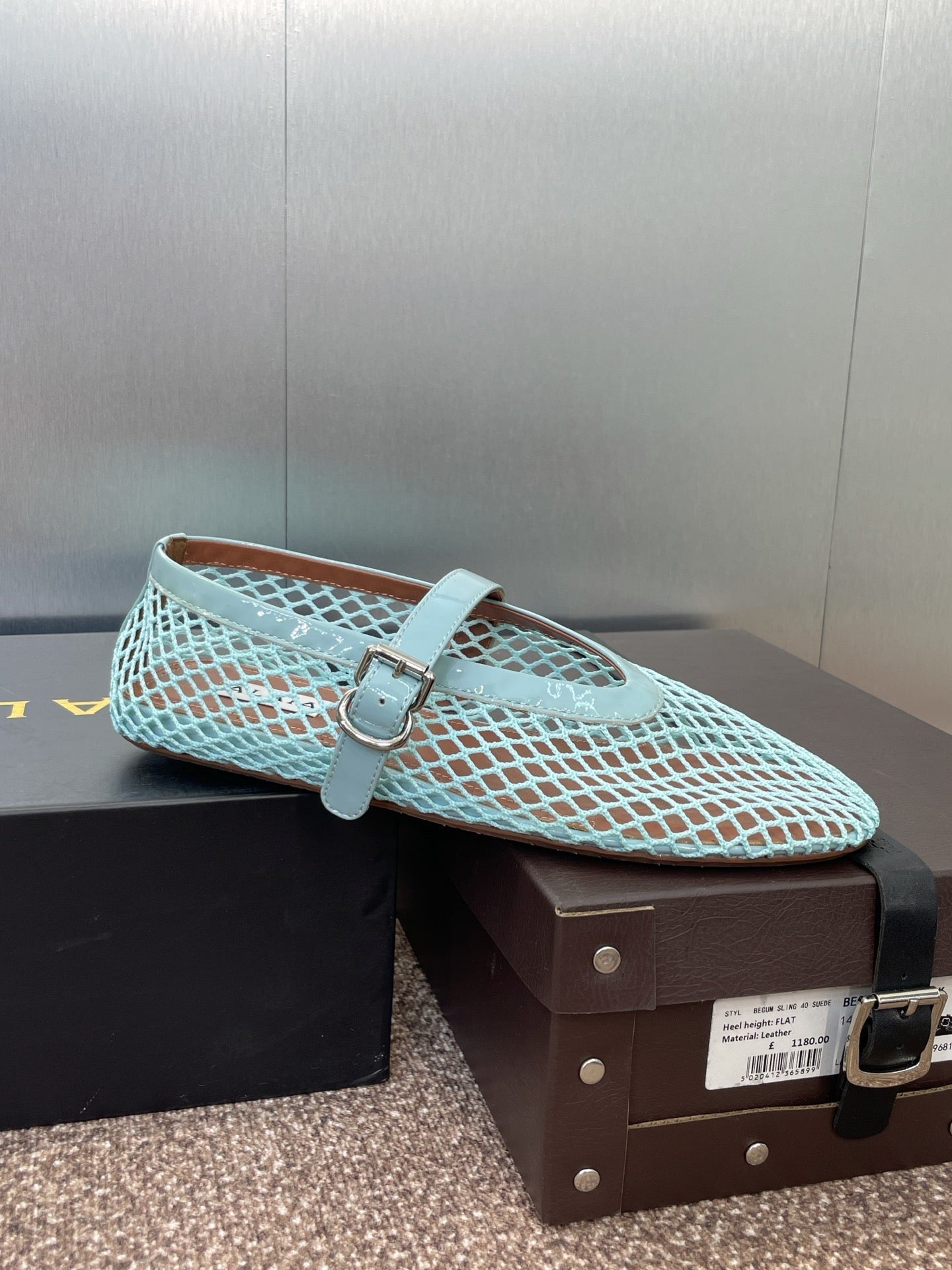 ALAIA MARY JANE FLAT 25S IN PASTEL BLUE MESH CALFSKIN