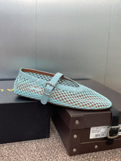 ALAIA MARY JANE FLAT 25S IN PASTEL BLUE MESH CALFSKIN
