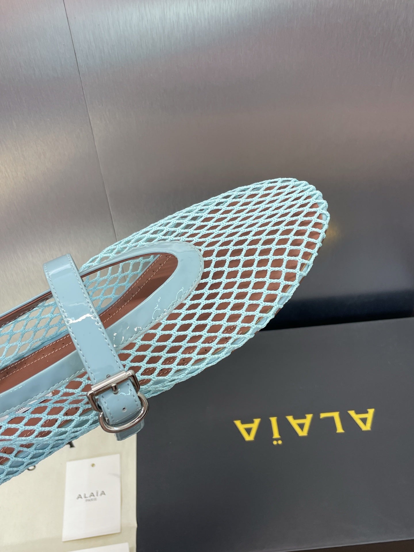 ALAIA MARY JANE FLAT 25S IN PASTEL BLUE MESH CALFSKIN