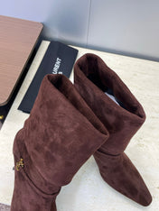 YSL 25S NIKI POINTED-HEEL ANKLE BOOTS 95 MM IN DARK BROWN SUEDE WITH GOLD HARDWARE