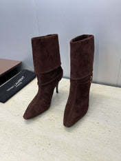 YSL 25S NIKI POINTED-HEEL ANKLE BOOTS 95 MM IN DARK BROWN SUEDE WITH GOLD HARDWARE