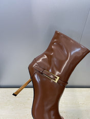 YSL 25S POINTED-TOE HIGH-HEEL ANKLE BOOTS 95 MM IN BROWN LAMBSKIN WITH GOLD HARDWARE