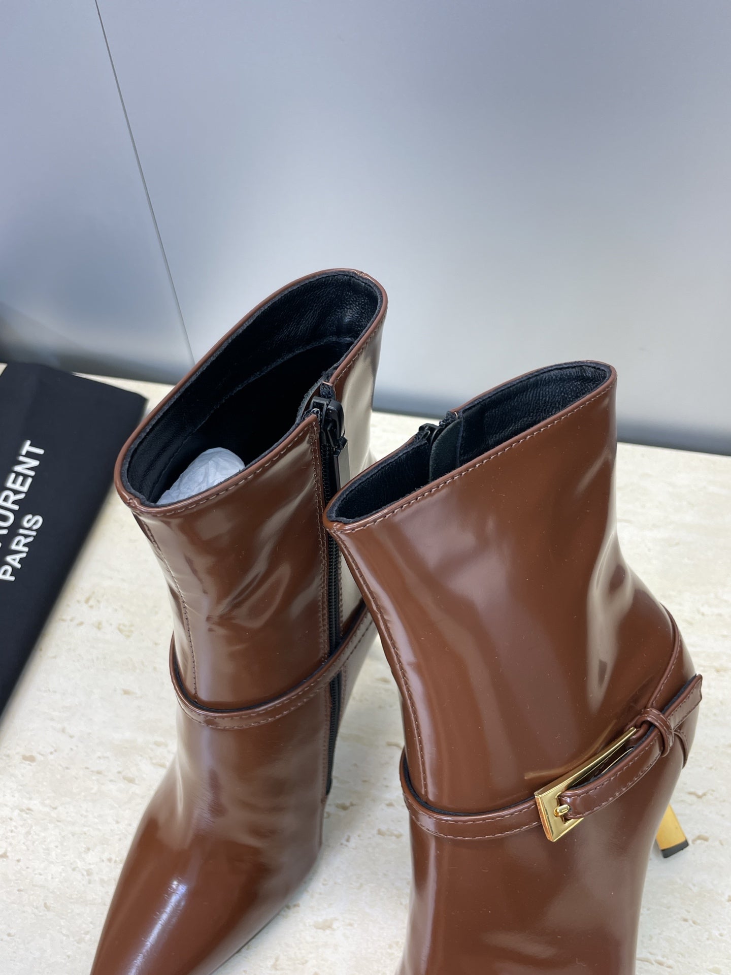 YSL 25S POINTED-TOE HIGH-HEEL ANKLE BOOTS 95 MM IN BROWN LAMBSKIN WITH GOLD HARDWARE