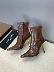 YSL 25S POINTED-TOE HIGH-HEEL ANKLE BOOTS 95 MM IN BROWN LAMBSKIN WITH GOLD HARDWARE