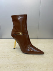 YSL 25S POINTED-TOE HIGH-HEEL ANKLE BOOTS 95 MM IN BROWN LAMBSKIN WITH GOLD HARDWARE
