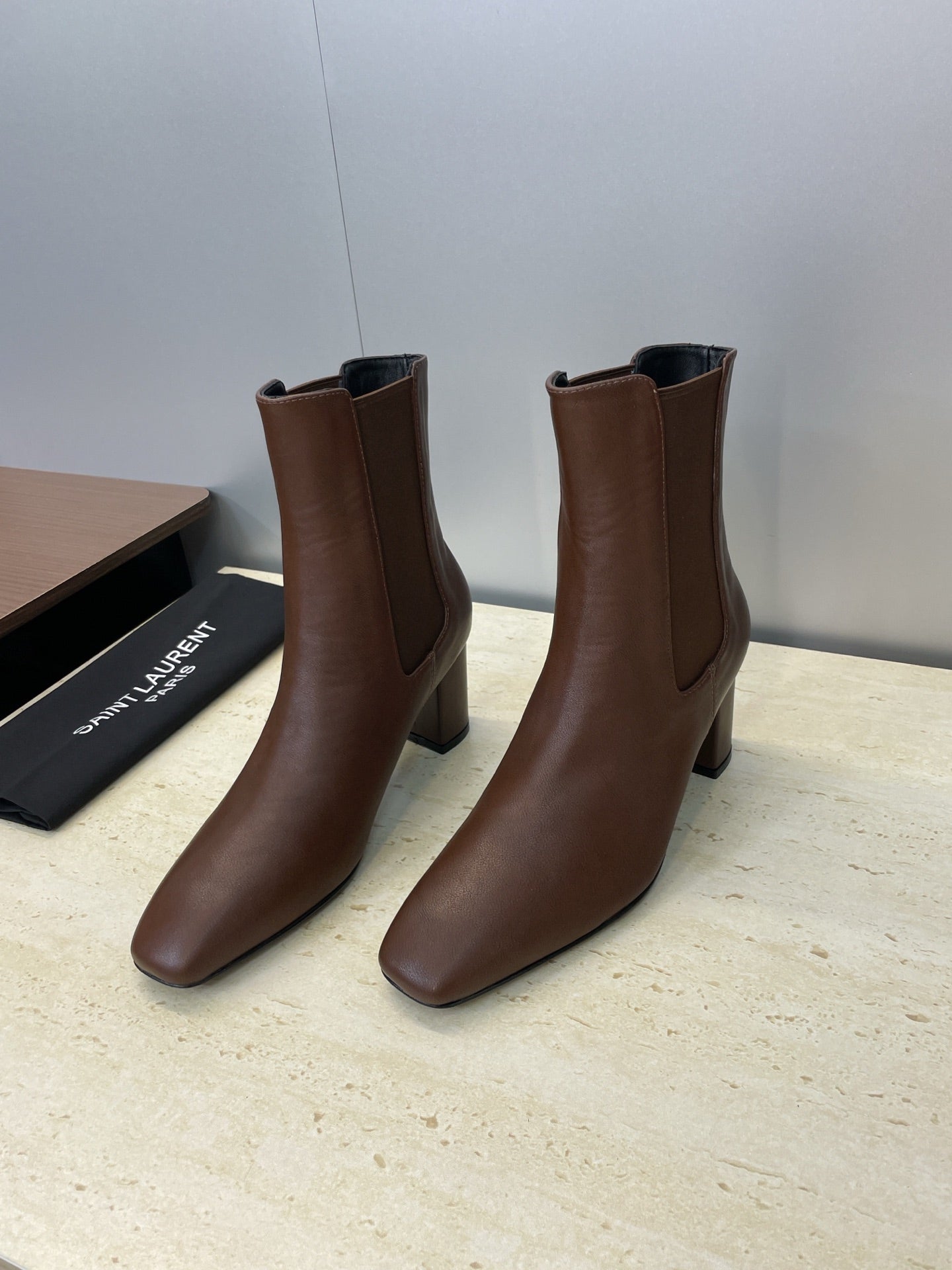 YSL 25S HEELED ANKLE BOOTS 70 MM IN DARK BROWN SMOOTH LAMBSKIN