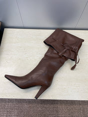 YSL 25S HIGH‑HEEL FRINGED MARTIN BOOTS 90 MM IN DARK BROWN LAMBSKIN