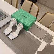 OPEN-TOE CURVED HIGH HEEL SANDALS IN WHITE SMOOTH CALFSKIN