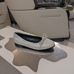 RHINESTONE BALLET FLATS WITH BOW IN METALLIC SILVER SHEEPSKIN