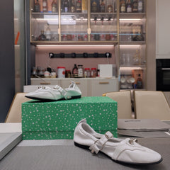 STUDDED MARY JANE FLATS IN WHITE SHINY LAMBSKIN