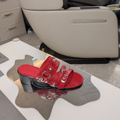 STRAPPY MEDIUM HEELED SANDALS IN RED STUDDED WAX-OIL SHEEPSKIN