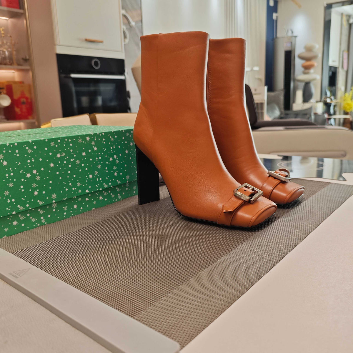 BALENCIAGA 25S BEL AIR BOOTS 115 MM IN DARK ORANGE CALFSKIN WITH SILVER HARDWARE