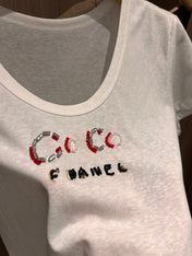 CC Hand-beaded Coco letter U-neck T-shirt Cotton