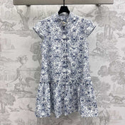 CD Short Dress White Cotton Muslin with Blue Butterfly Motif