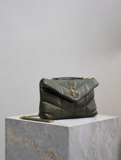 YSL 25S LOULOU PUFFER MINI 23 IN DARK OLIVE CALFSKIN GOLD HARDWRE