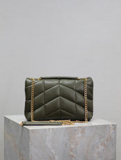 YSL 25S LOULOU PUFFER MINI 23 IN DARK OLIVE CALFSKIN GOLD HARDWARE