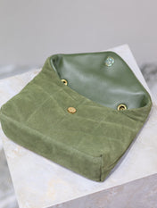 YSL 25S LOULOU PUFFER MINI 23 IN GREEN SUEDE GOLD HARDWRE