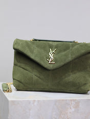 YSL 25S LOULOU PUFFER MINI 23 IN GREEN SUEDE GOLD HARDWRE
