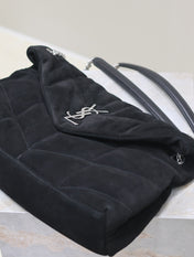 YSL 25S LOULOU PUFFER GM 35 IN BLACK SUEDE SILVER HARDWARE