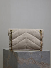 YSL 25S LOULOU PUFFER MM 29 IN SMOKEY TAUPE SUEDE GOLD HARDWRE