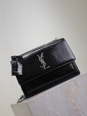 YSL 25S SUNSET MEDIUM 22 IN BLACK CROCODILE-EMBOSSED SHINY CALFSKIN SILVER HARDWARE