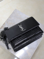 YSL 25S SUNSET MEDIUM 22 IN BLACK CROCODILE-EMBOSSED SHINY CALFSKIN SILVER HARDWARE