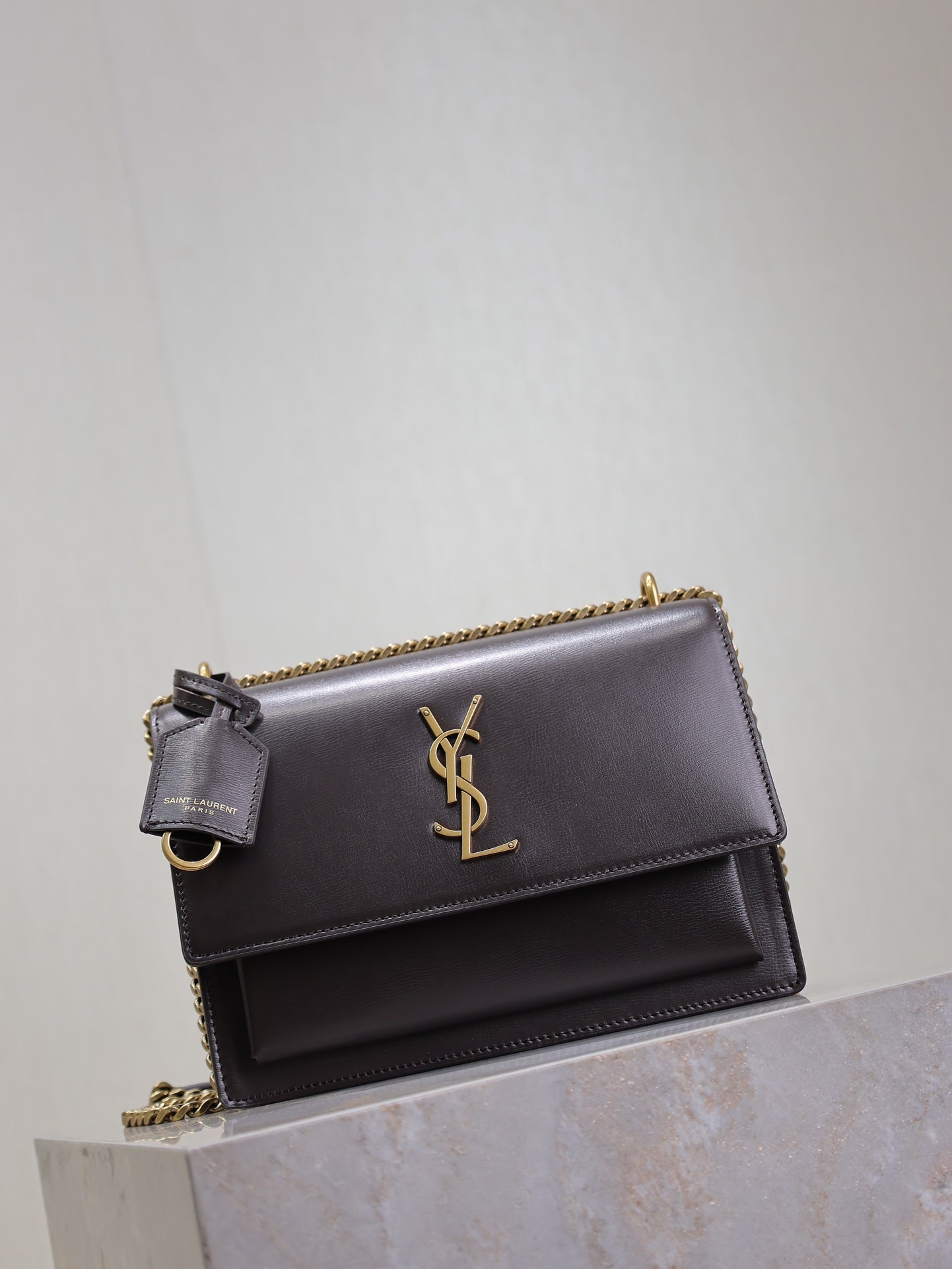 YSL 25S SUNSET BAG 22 IN COFEE BROWN CALFSKIN GOLD HARDWRE