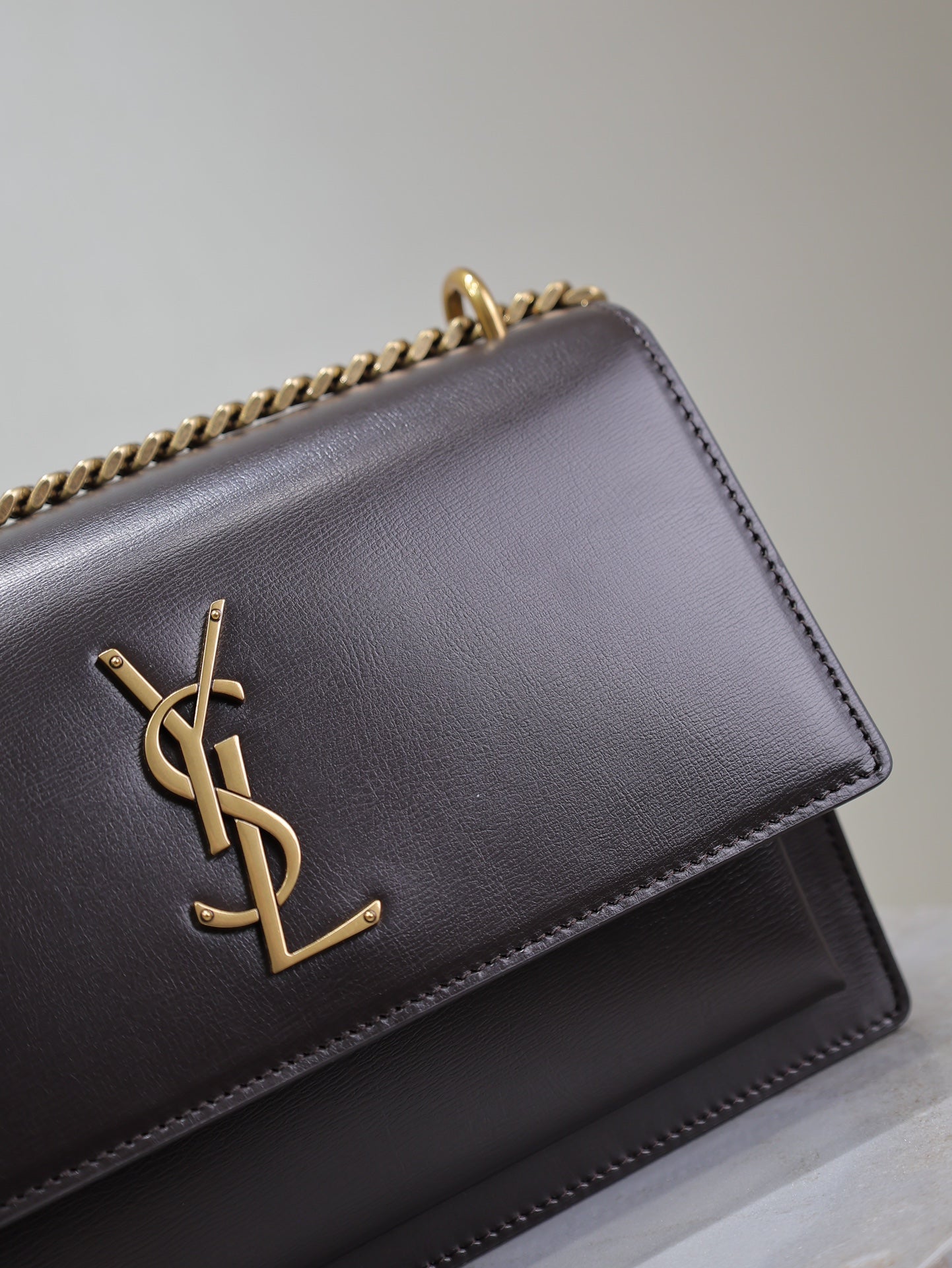 YSL 25S SUNSET BAG 22 IN DARK PURPLE CALFSKIN GOLD HARDWARE
