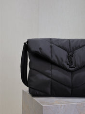 YSL 25S LOULOU PUFFER BAG 34 IN BLACK NYLON SILVER HARDWARE