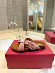 FUSSFRIEND CREPE PINK SILK VELVET SLIDE SANDALS