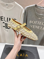 ALAIA PEARL MARY JANE SHOES IN LIGHT YELLOW MESH AND CALFSKIN