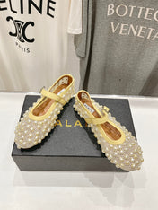 ALAIA PEARL MARY JANE SHOES IN LIGHT YELLOW MESH AND CALFSKIN