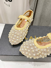 ALAIA PEARL MARY JANE SHOES IN LIGHT YELLOW MESH AND CALFSKIN